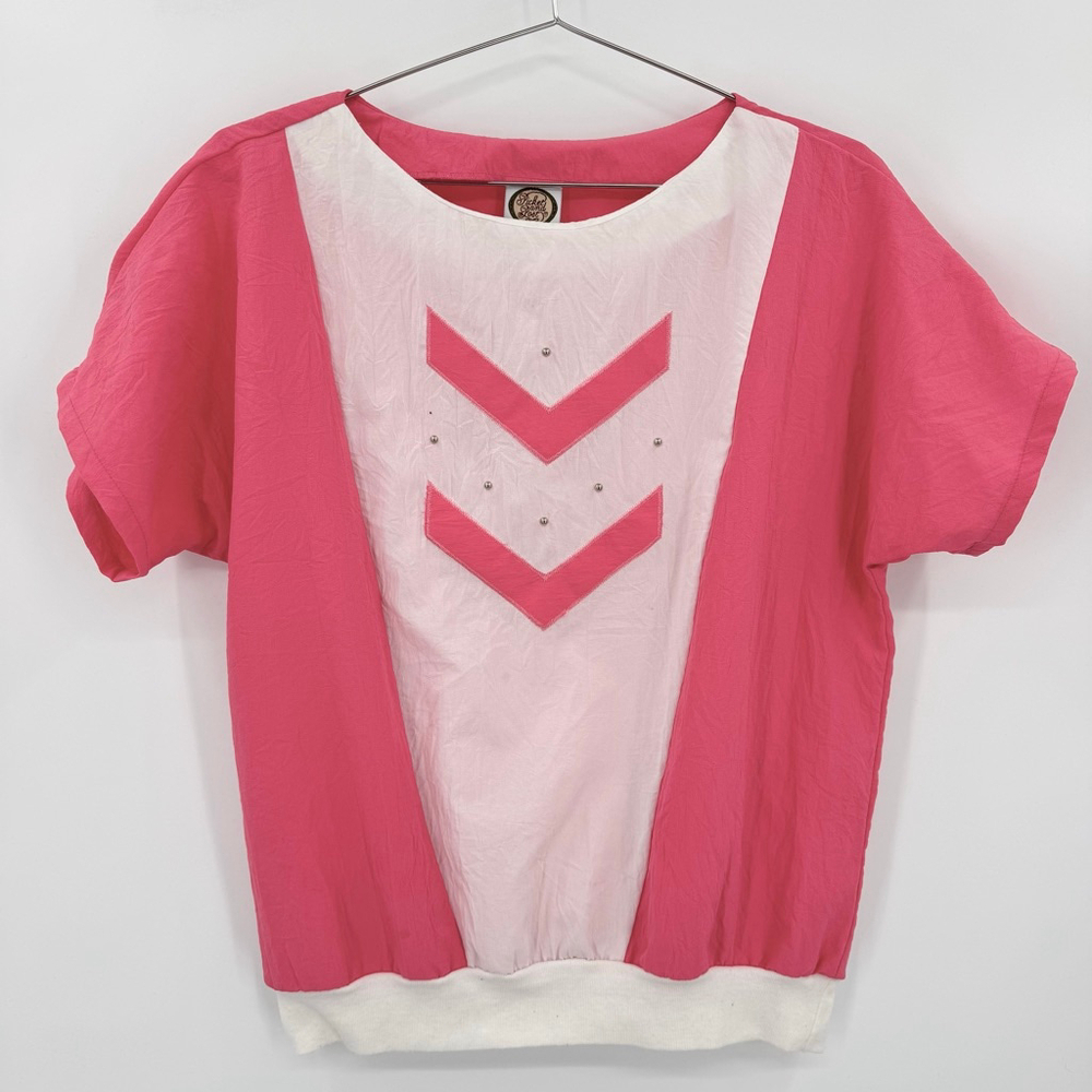 Vintage 80s Top Pink & White Studded Short Dolman Sleeves Nylon Retro Med-Large
